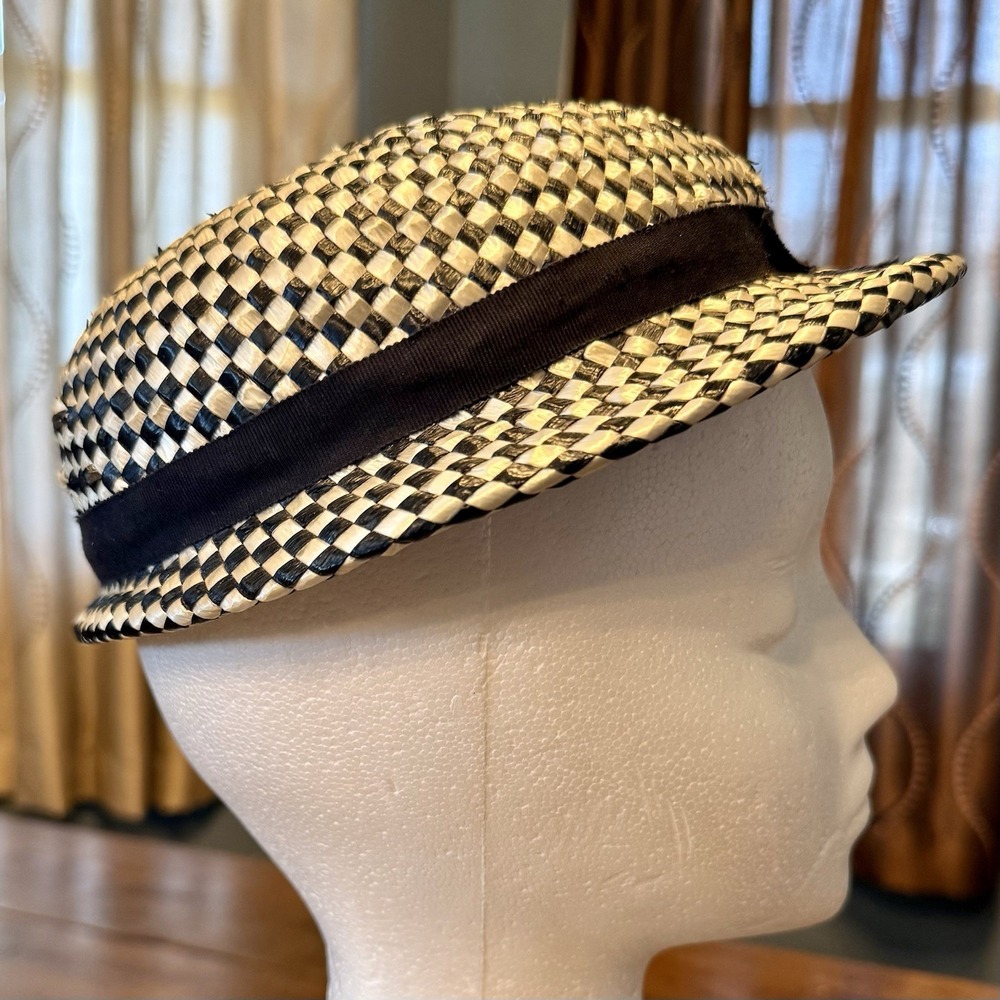 VTG 1950s MCM Women Black White Check Woven Straw Stingy Brim Trilby Hat Ribbon